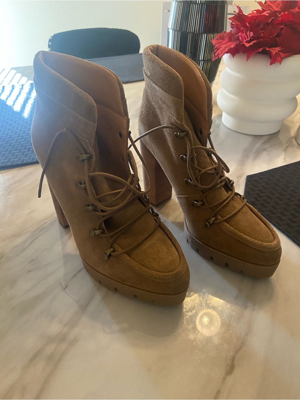 Women's Tan Suede Lace-Up Platform Ankle Boots